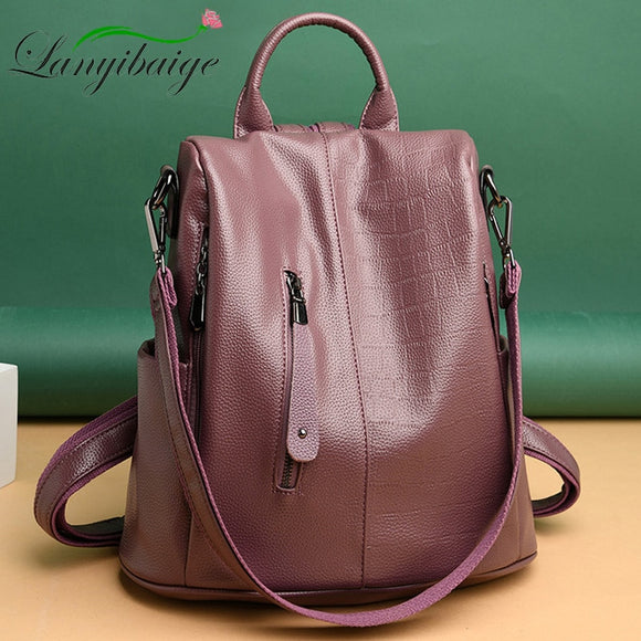 Women Luxury Soft Leather Backpack Multifunction Anti Theft School Bag